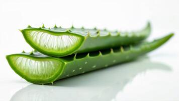 Two fresh aloe vera leaves are cut open and displayed isolated on a white background. The image is suitable for illustrating natural skincare, health, or food uses. photo