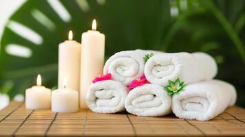 Rolled Spa Towels and Candles Display photo