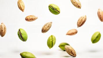 Isolated Pistachio Nuts Floating on White Background photo