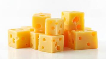 Stacked fresh cheese cubes with holes are isolated on a white background. The image is suitable for food packaging, advertising, or culinary presentations. photo