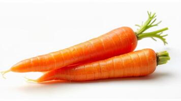 Two fresh carrots are isolated on a white background for use in food, nutrition, or healthy eating contexts. The image highlights the crisp texture and vibrant color of the vegetables. photo