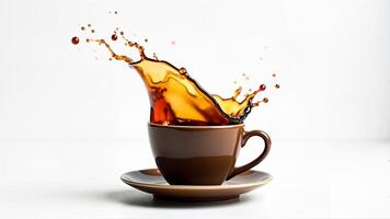 Aromatic coffee splashes out of a brown cup on an isolated white background. The image is used for beverage, refreshment, or energy concepts. photo
