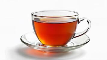 A transparent glass cup with hot aromatic tea sits on a matching saucer, isolated on a white background. The image is suitable for illustrating beverage concepts, tea advertisements, or menu designs. photo