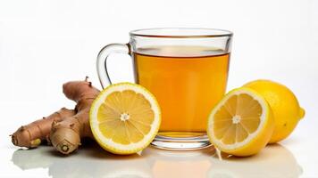 Glass cup of aromatic lemon ginger tea with fresh lemon and ginger root isolated on white background. Image suitable for illustrating healthy beverage concepts and natural ingredients. photo
