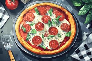 Delicious Pepperoni Pizza With Basil And Cheese photo