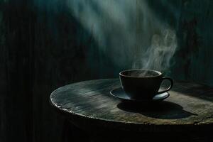 A cup of coffee sits on a table in front of a blue wall photo