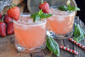 Refreshing Strawberry Basil Drinks In Glasses photo
