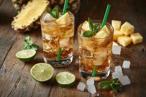 Refreshing Pineapple Mint Iced Tea Drinks in Glasses photo