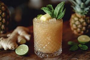 Refreshing Pineapple Ginger Cocktail Garnish With Mint photo