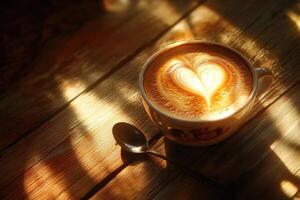 A cup of latte art coffee on wooden table photo