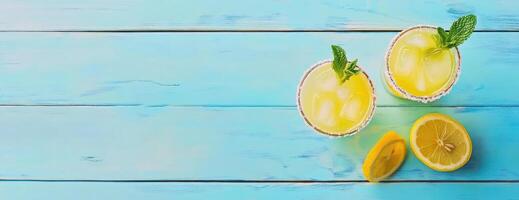 Refreshing Iced Lemonade Drinks On Wooden Table photo