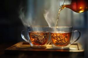 Two Cups of Steaming Tea Being Poured photo