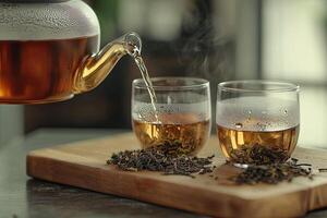 Glass teapot pouring tea into two glasses photo