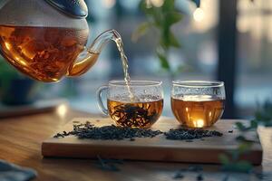 Glass teapot pouring tea into two cups photo