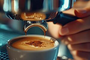 Espresso pouring into a cup of cappuccino coffee photo