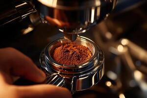 Ground coffee being added to portafilter for espresso photo