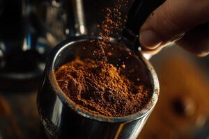 Ground coffee being poured into portafilter photo