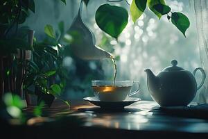 A teapot is pouring tea into a cup on a table photo