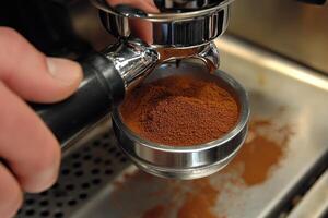 Espresso Preparation Ground Coffee Being Added To Portafilter photo
