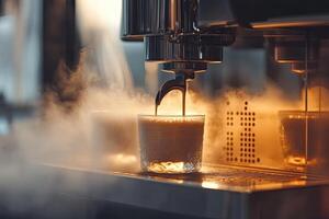 Espresso machine pouring steaming coffee into glass photo