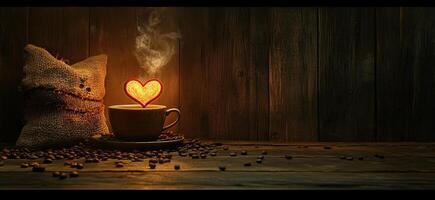 A steaming cup of coffee with a heart glows warmly photo