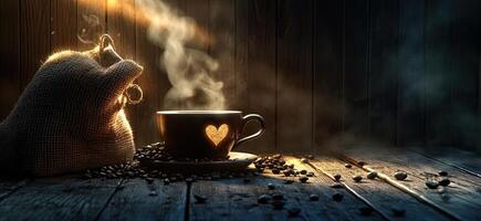 Steaming Coffee Cup Heart Design Coffee Beans Sack photo