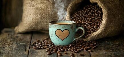 Coffee beans and cup of coffee on wooden table photo