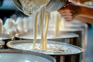 Creamy milk being poured into metal containers photo