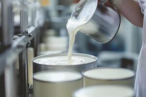 Dairy worker pouring creamy milk into containers photo