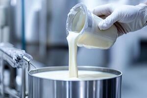 Gloved hand pouring creamy liquid into stainless steel container photo
