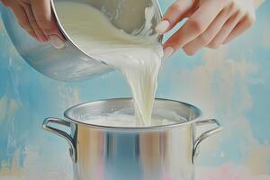 Hands pouring milk into a metal pot photo