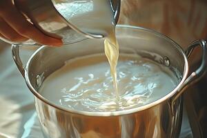 Milk pouring into a stainless steel pot photo