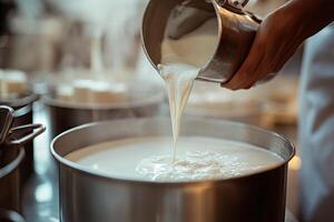 Milk being poured into a large metal bowl photo