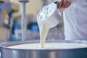 Creamy white liquid pours into large metal container photo