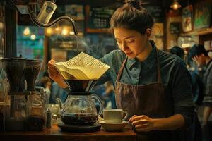 Woman Brewing Coffee In A Busy Cafe Setting photo