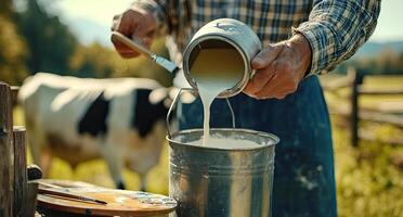 Farmer pouring fresh milk into a bucket on a farm photo