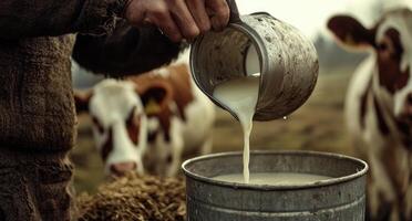 Farmer pouring fresh milk from a metal jug into a bucket photo