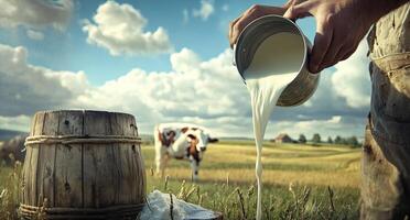 A person pouring milk into a jug on a field photo