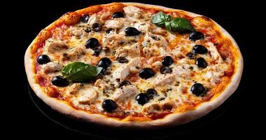 A pizza with chicken, olives and cheese photo