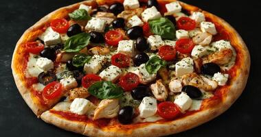 Delicious Chicken Feta Pizza With Olives and Tomatoes photo