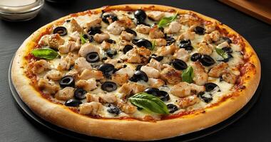 Delicious Chicken and Olive Pizza Ready To Eat photo
