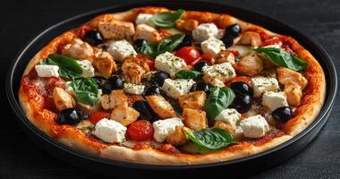 Delicious Chicken Feta Olive Pizza with Basil photo