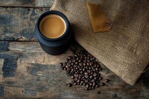Dark Vessel Coffee Beans Rustic Wooden Tabletop photo