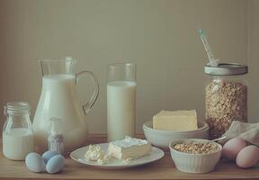 Dairy products and breakfast oats displayed on a wooden table photo
