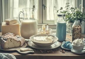 Dairy Products And Bread On Wooden Table Near Window photo