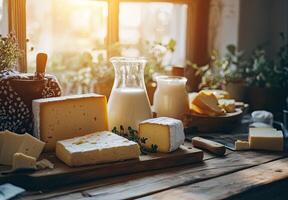 Rustic Still Life Featuring Various Cheeses and Milk photo