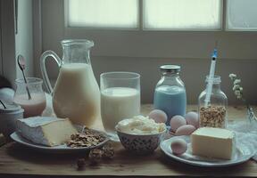 Dairy products and ingredients arranged on a wooden surface photo