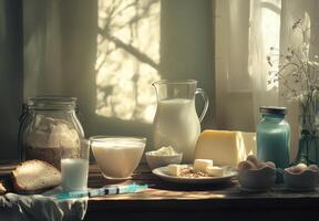 Dairy products and bread displayed on a wooden table photo