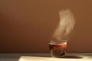 Steaming Coffee in Glass Cup on Wooden Table photo
