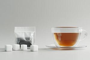 A glass cup of tea with sugar cubes and tea leaves photo